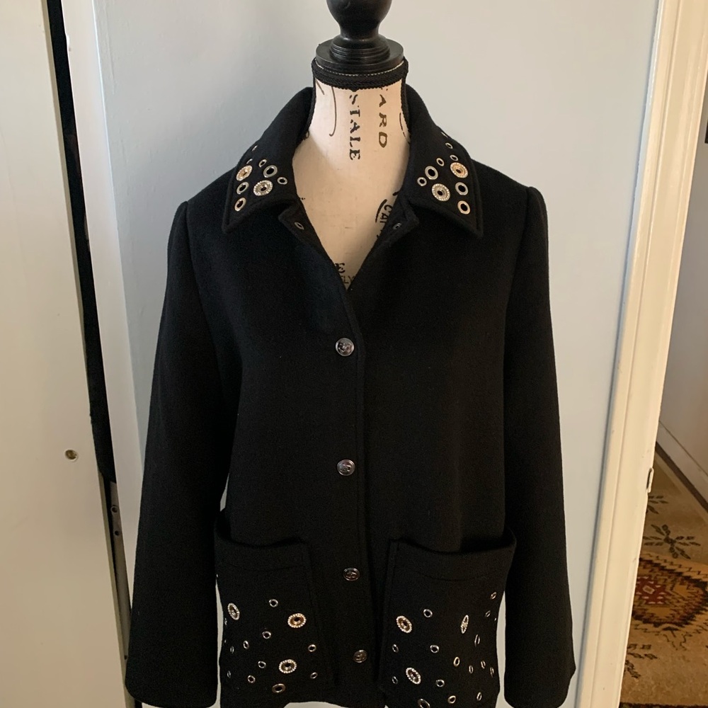 Chico's Elegant Black Pea Coat with Metallic Details
